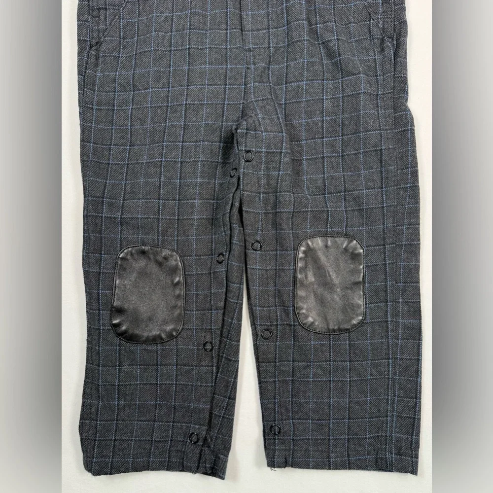 CALVIN KLEIN Boys Dressy Plaid Overalls 24M Charcoal Checkered Faux Leather Trim